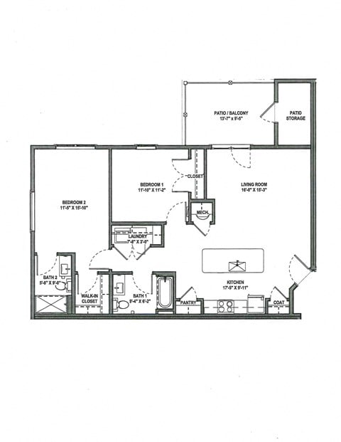 Floor plan for 2 beds, 2 baths, 1038 sqft